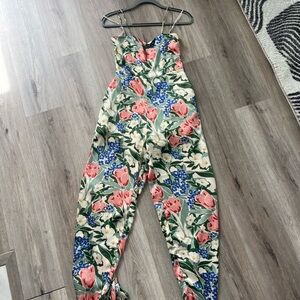 Sage Pink and Blue Floral Jumpsuit with Fitted Bodice